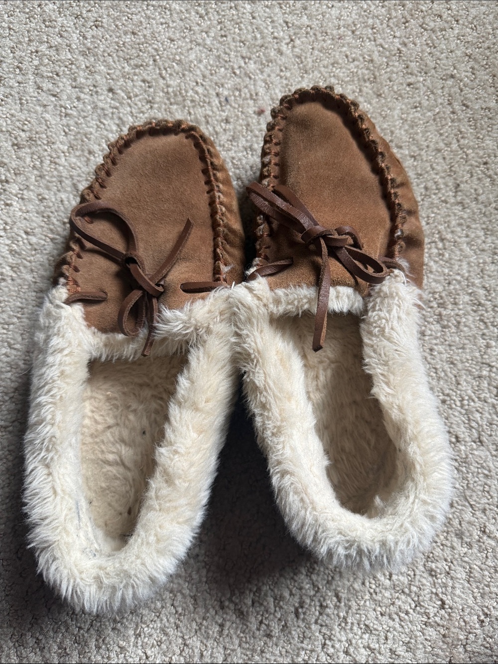 J. Crew Brown Faux-Suede Moccasin Slippers with Cream Faux-Fur Trim
